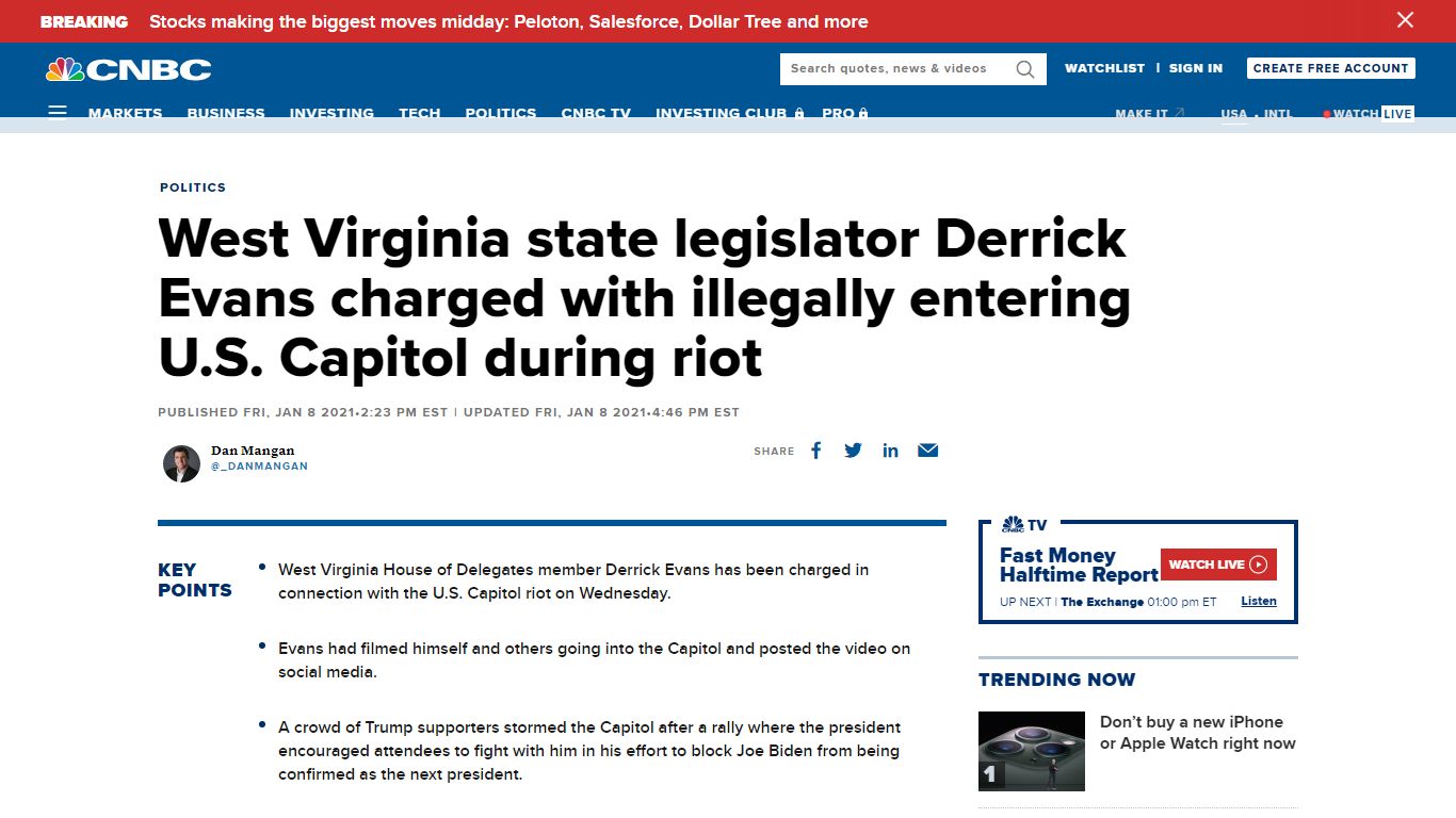 Capitol riot: West Virginia legislator Derrick Evans is charged - CNBC